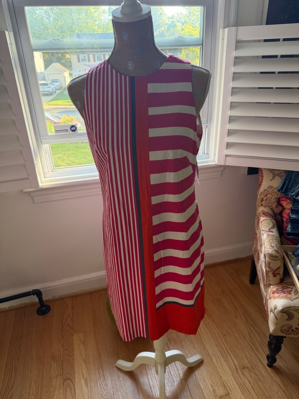 new directions Red and White Striped Sleeveless Midi Shift Dress